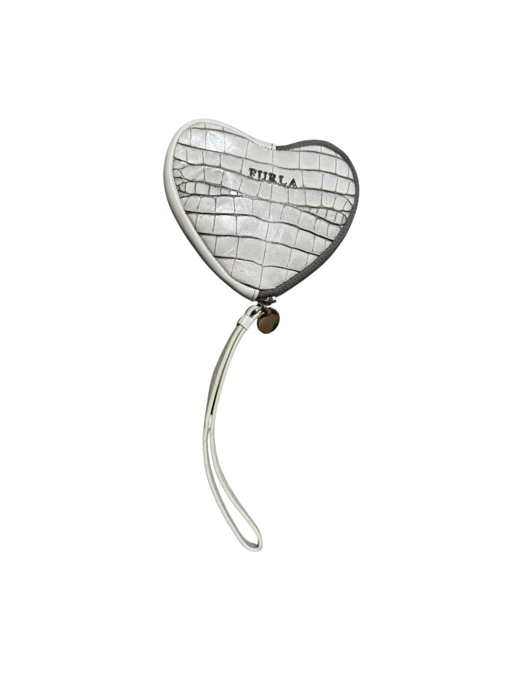 Furla White Croc Embossed Heart Shaped Wristlet Coin Purse